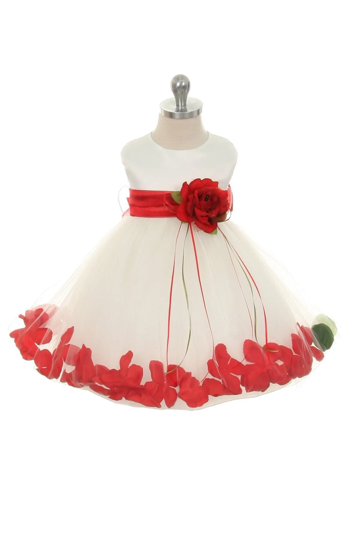 195B[SASH] Satin Flower Petal Baby Dress w/ Organza Sash (Ivory Dress)