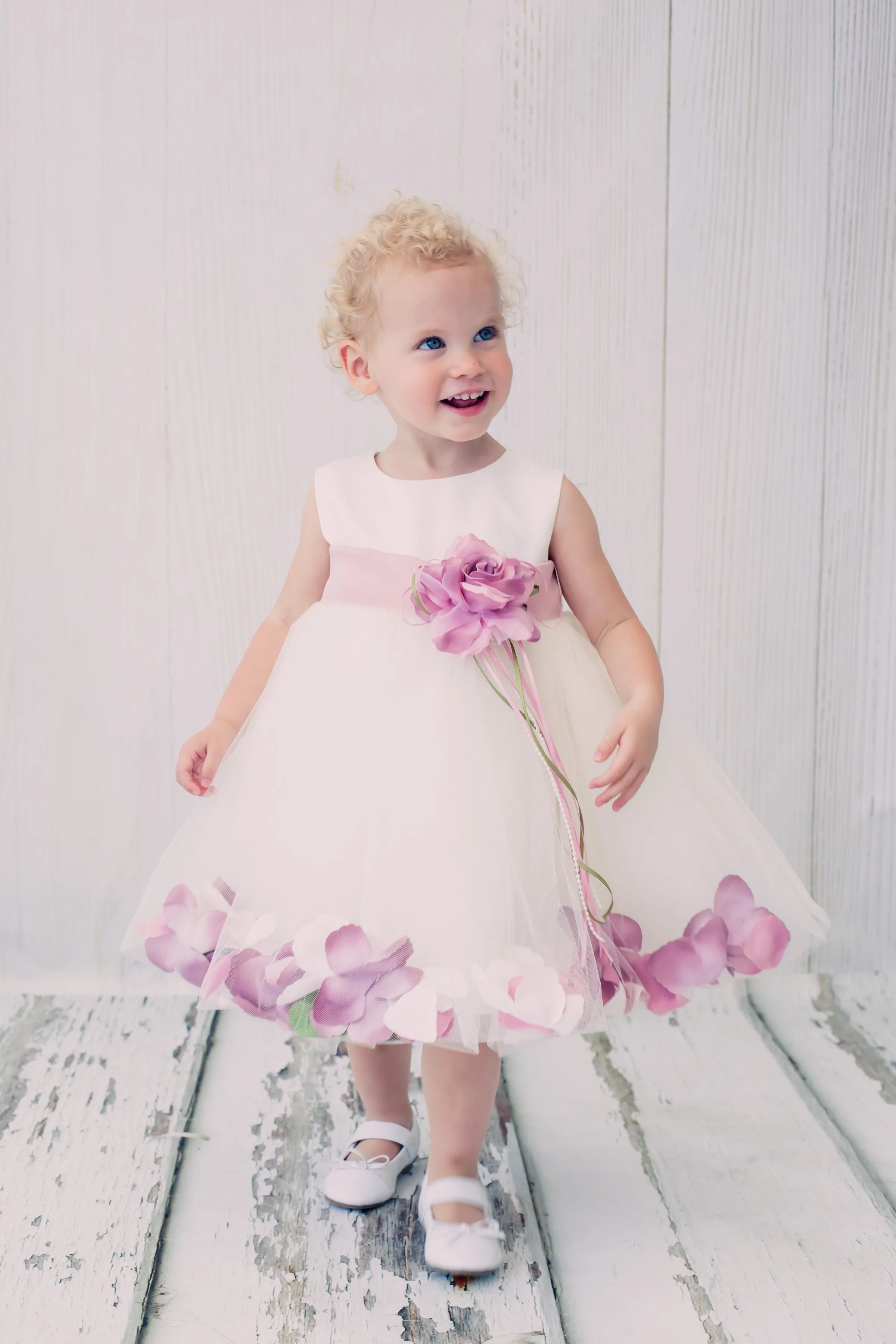 195B[SASH] Satin Flower Petal Baby Dress w/ Organza Sash (Ivory Dress)