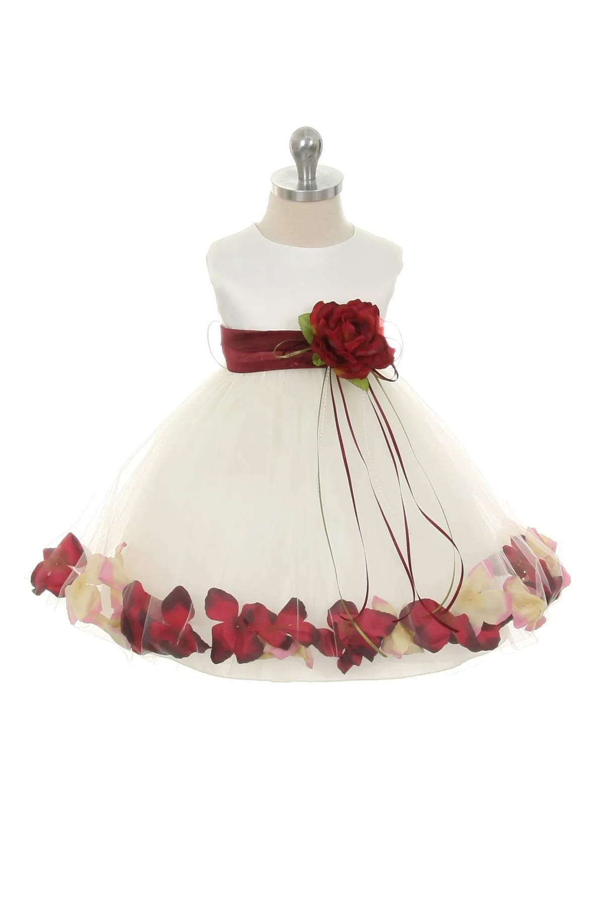 195B[SASH] Satin Flower Petal Baby Dress w/ Organza Sash (Ivory Dress)