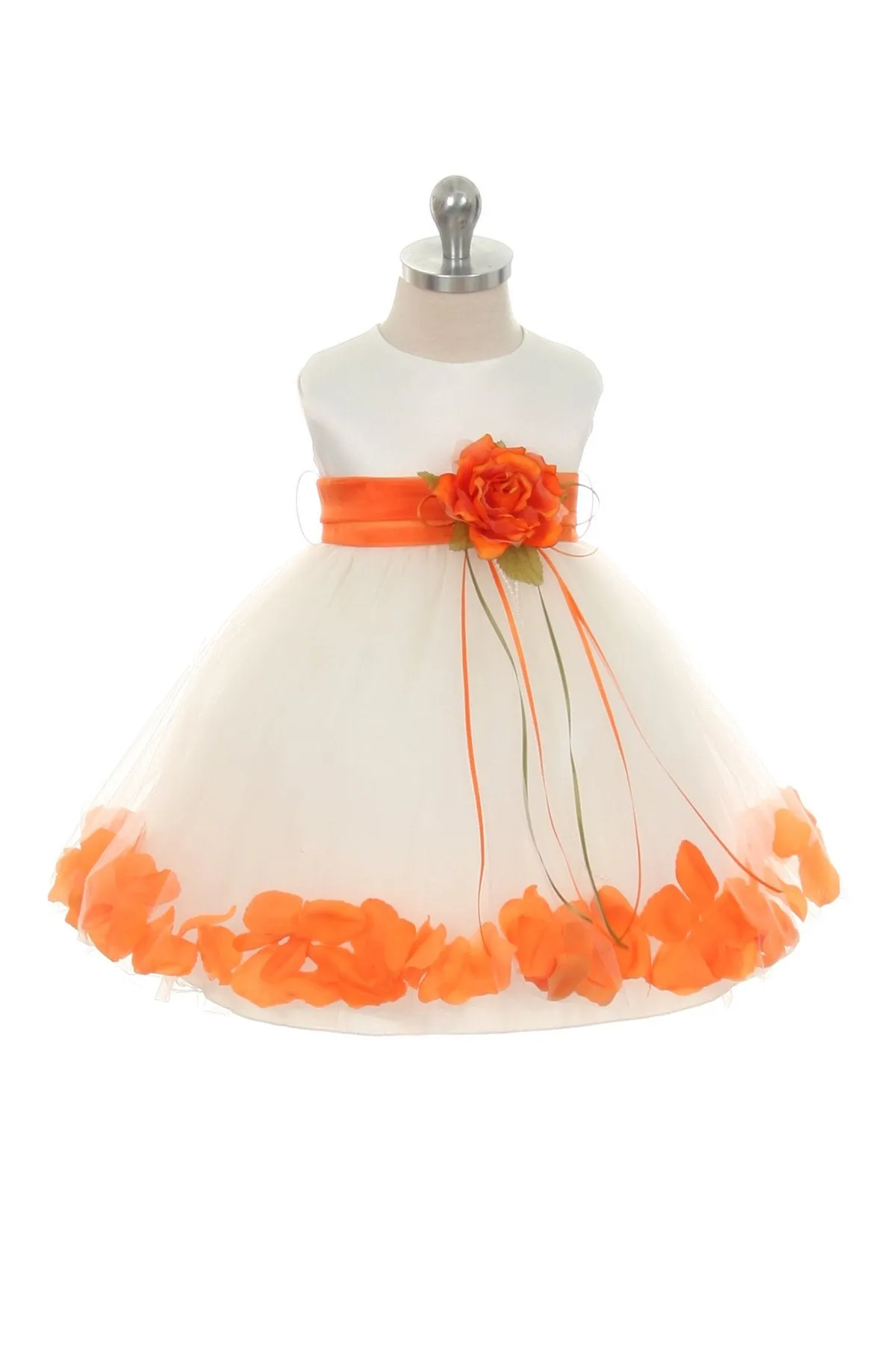 195B[SASH] Satin Flower Petal Baby Dress w/ Organza Sash (Ivory Dress)