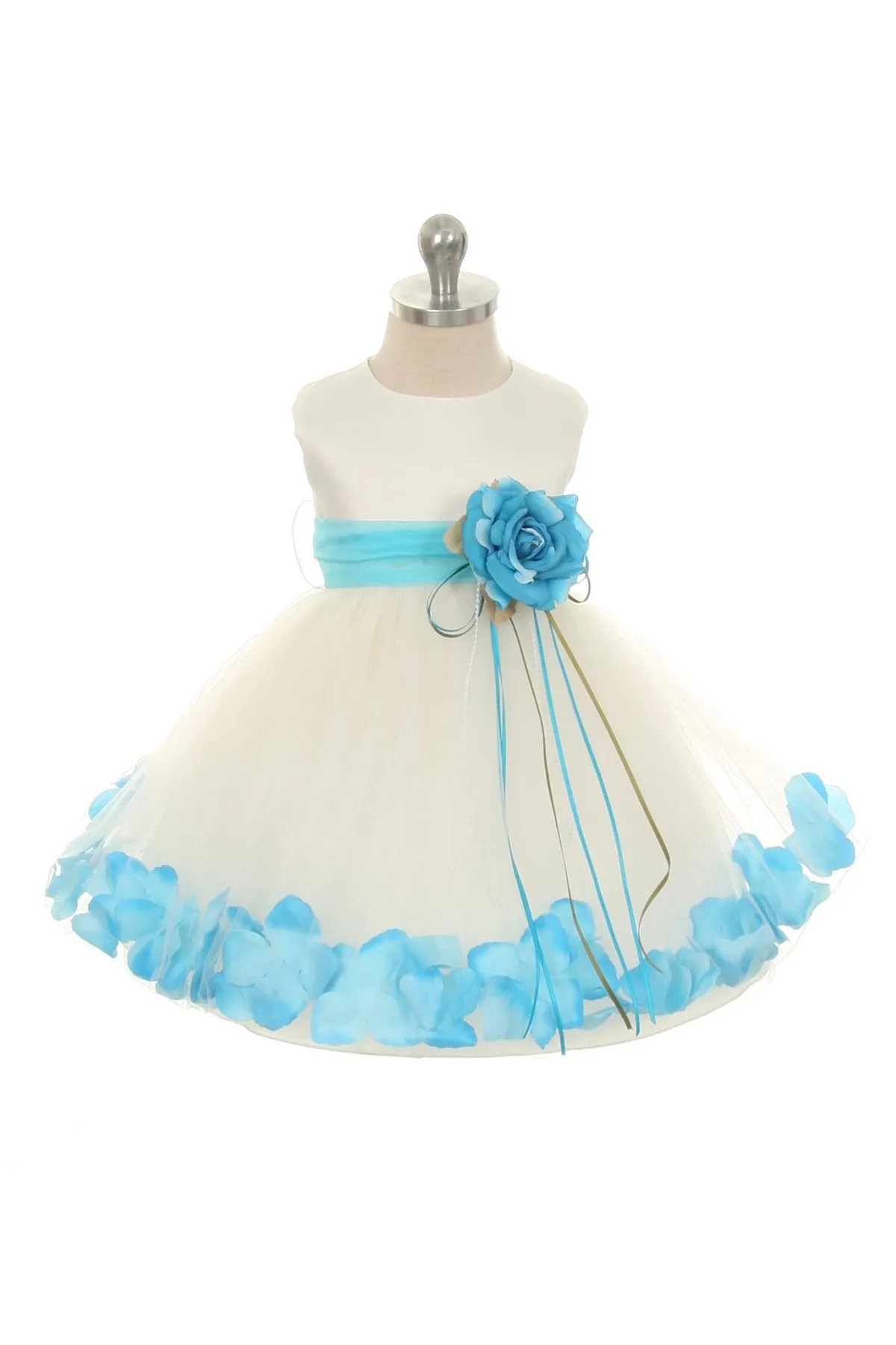 195B[SASH] Satin Flower Petal Baby Dress w/ Organza Sash (Ivory Dress)