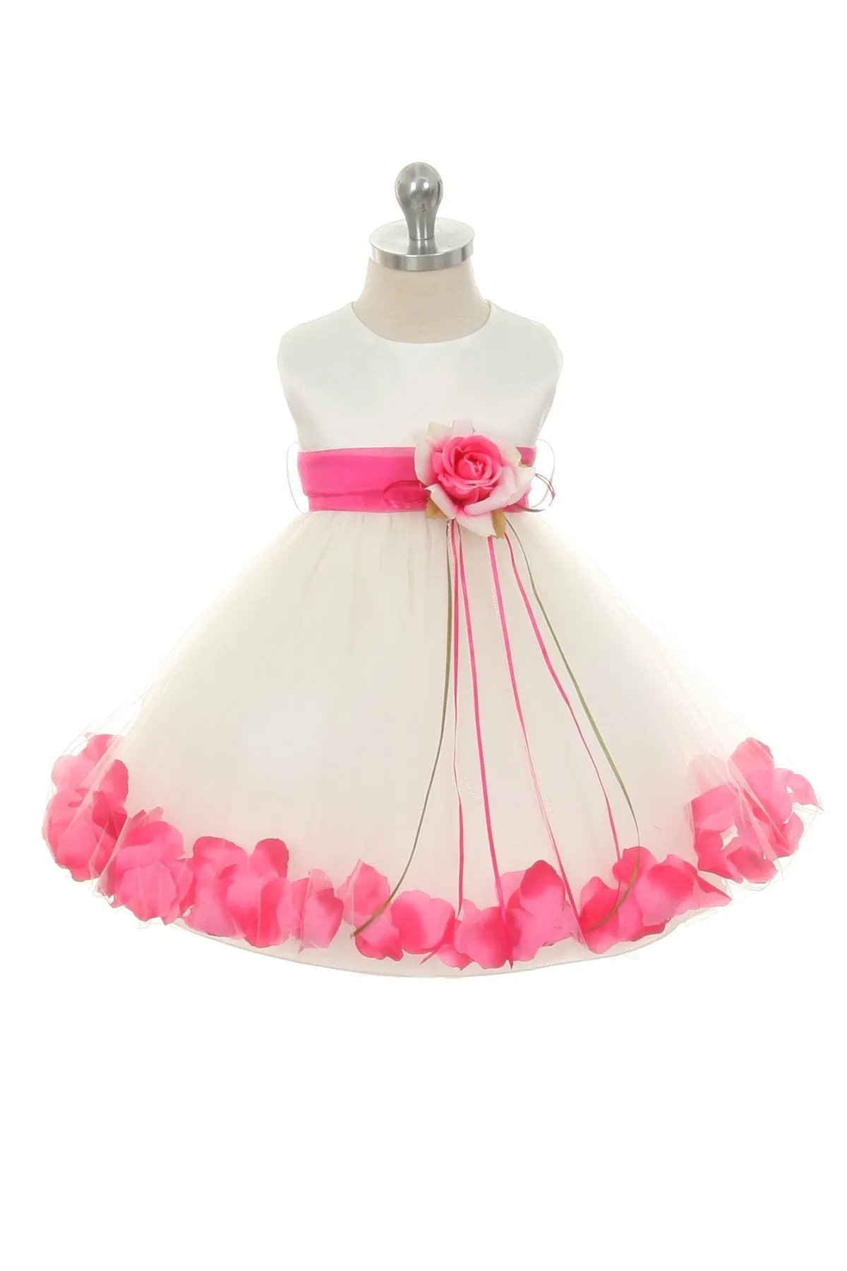 195B[SASH] Satin Flower Petal Baby Dress w/ Organza Sash (Ivory Dress)