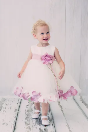 195B[SASH] Satin Flower Petal Baby Dress w/ Organza Sash (Ivory Dress)