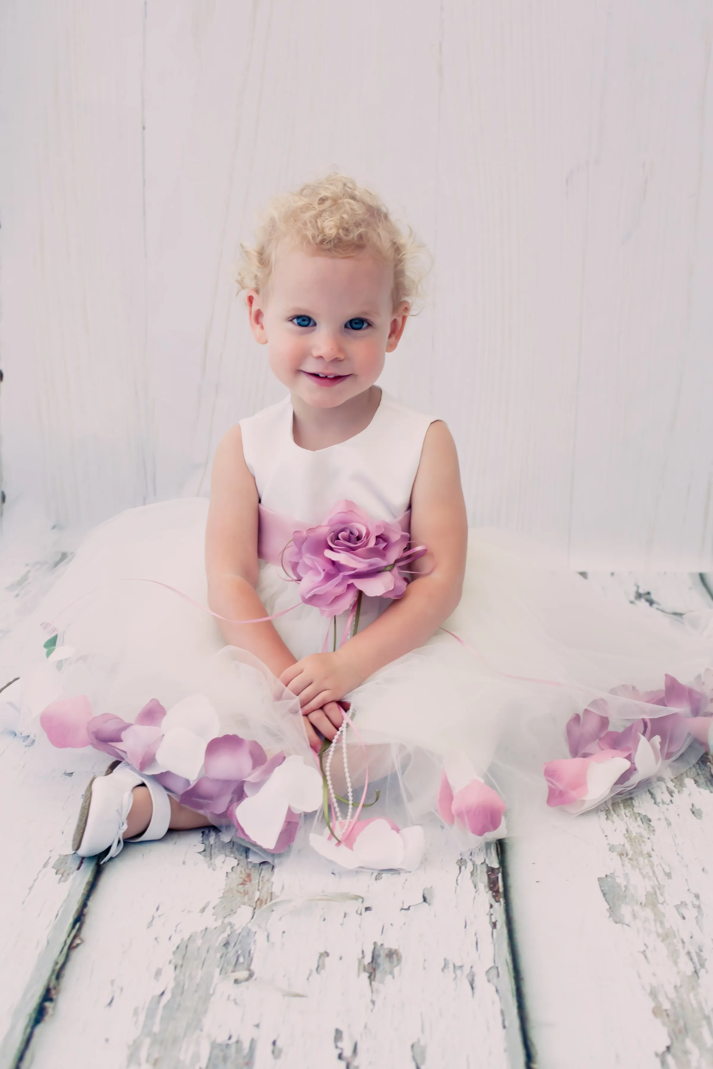195B[SASH] Satin Flower Petal Baby Dress w/ Organza Sash (Ivory Dress)