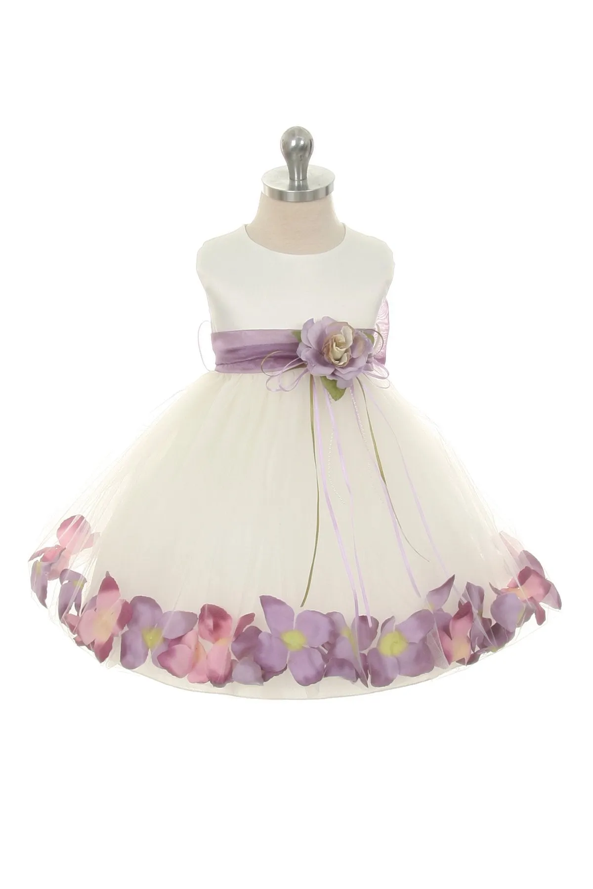 195B[SASH] Satin Flower Petal Baby Dress w/ Organza Sash (Ivory Dress)