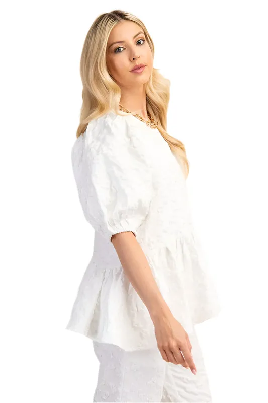 3D Flower Jacquard Fabric Short Sleeve Top