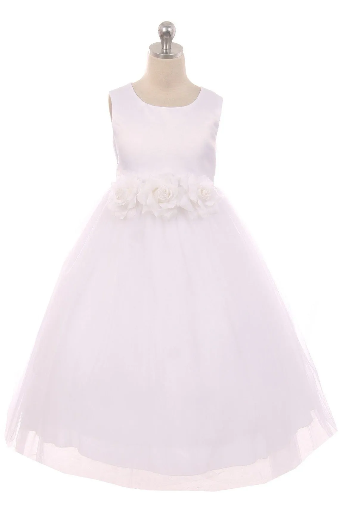 411F Satin 3 Flower White Dress
