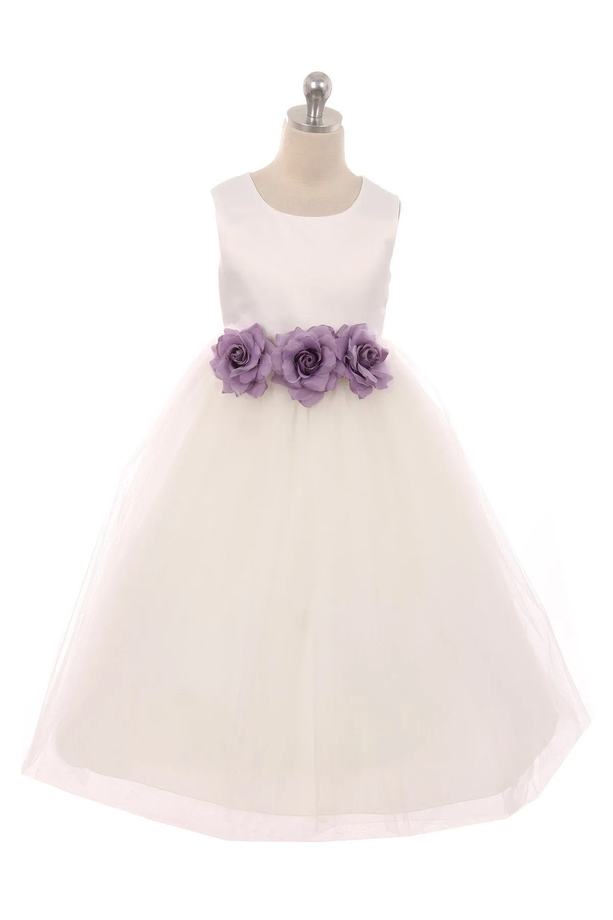 411F Satin 3 Flower White Dress