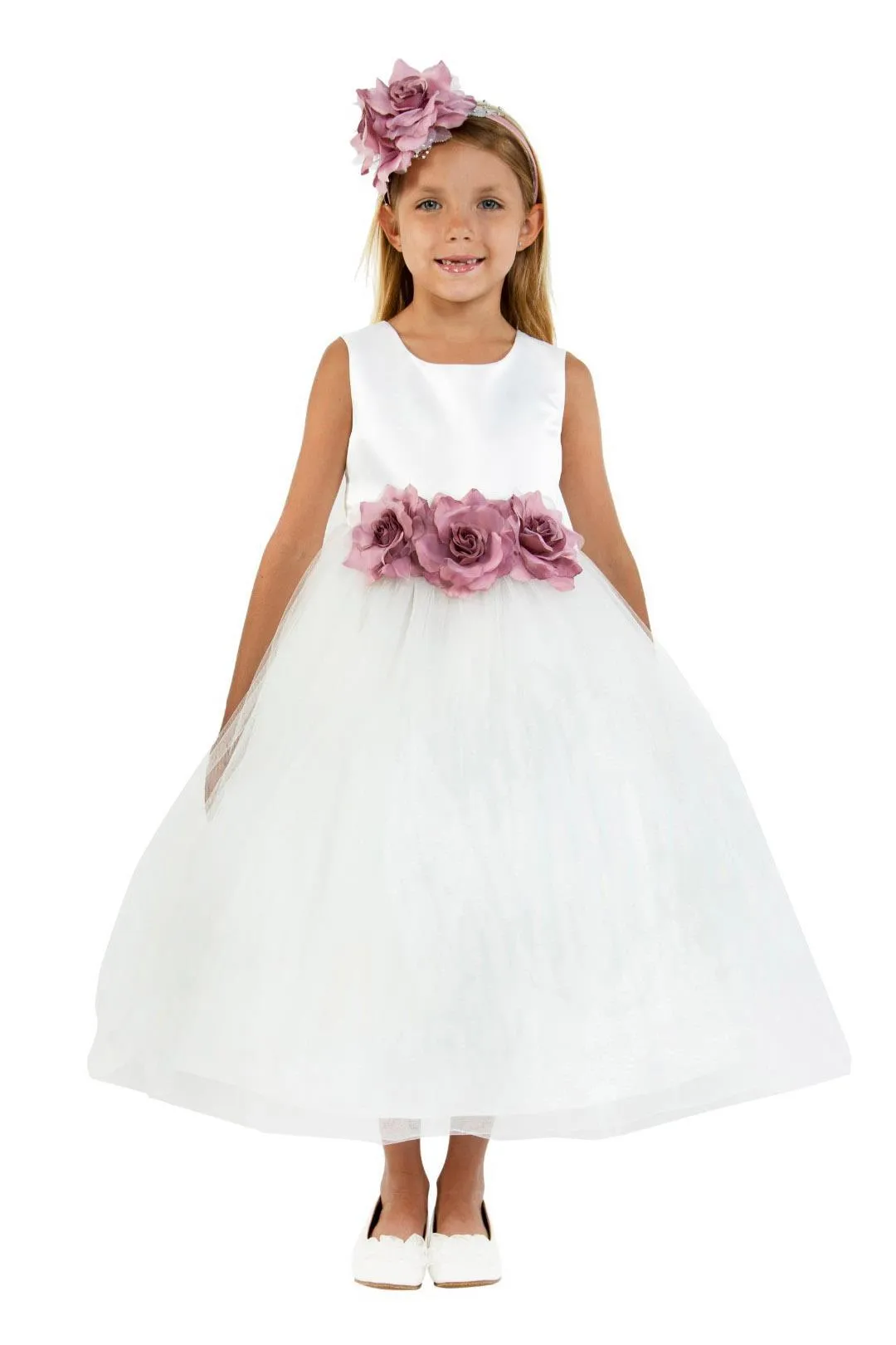 411F Satin 3 Flower White Dress
