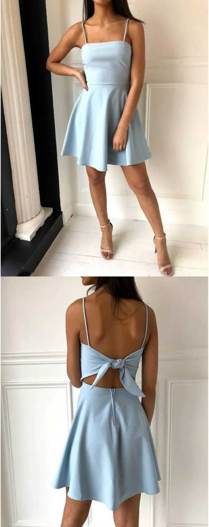 A-Line Spaghetti Straps Light Blue Open-back Homecoming Dresses, HD0527