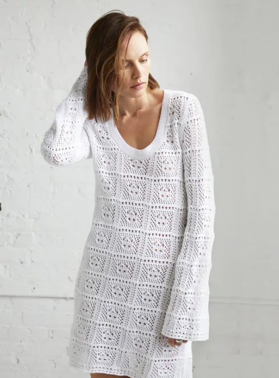 Autumn Cashmere Patchwork Mini Dress Bell Sleeve, White