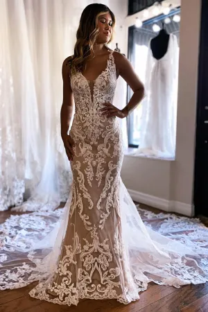 Aviana | Champagne V-Neck Mermaid Long Lace Wedding Dress
