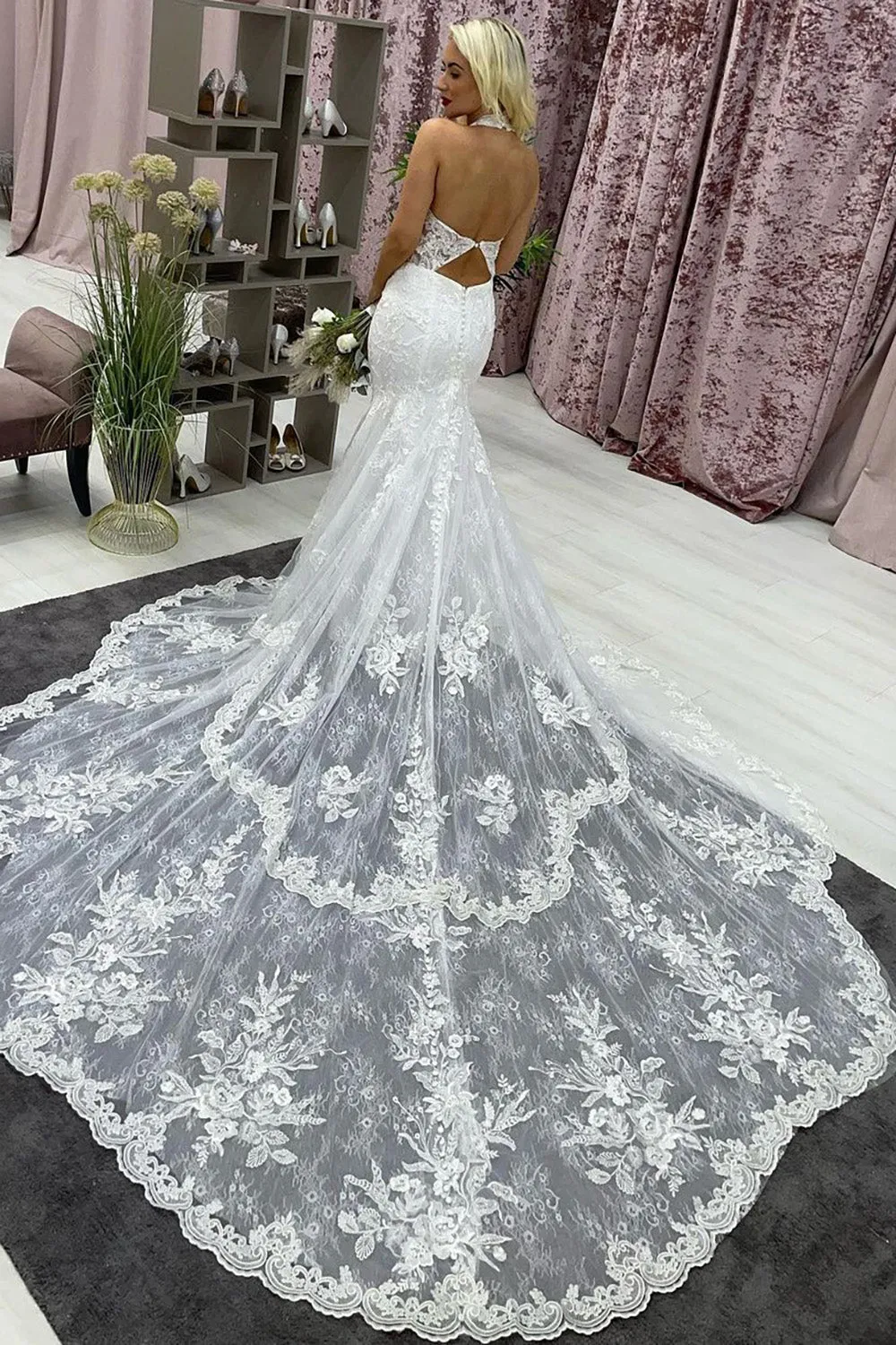 Ayleen | Ivory Halter Long Train Mermaid Wedding Dress with Appliques