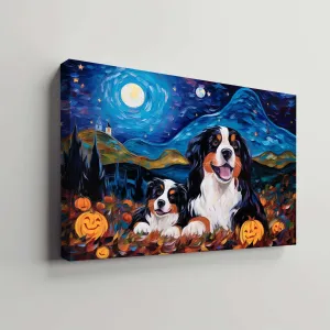 Bernese Mountain Dog 04 Halloween With Pumpkin Oil Painting Van Goh Style, Wooden Canvas Prints Wall Art Painting , Canvas 3d Art