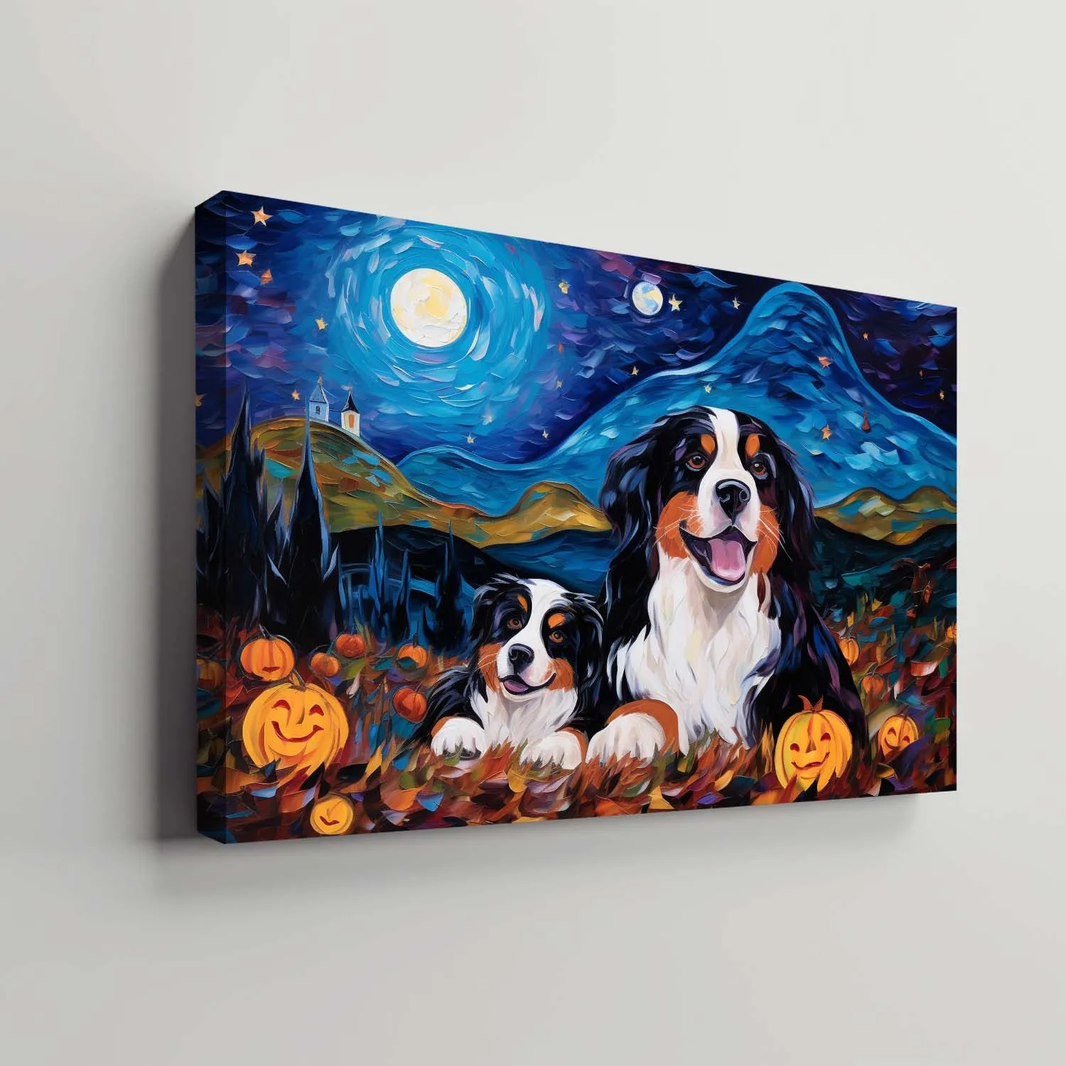 Bernese Mountain Dog 04 Halloween With Pumpkin Oil Painting Van Goh Style, Wooden Canvas Prints Wall Art Painting , Canvas 3d Art