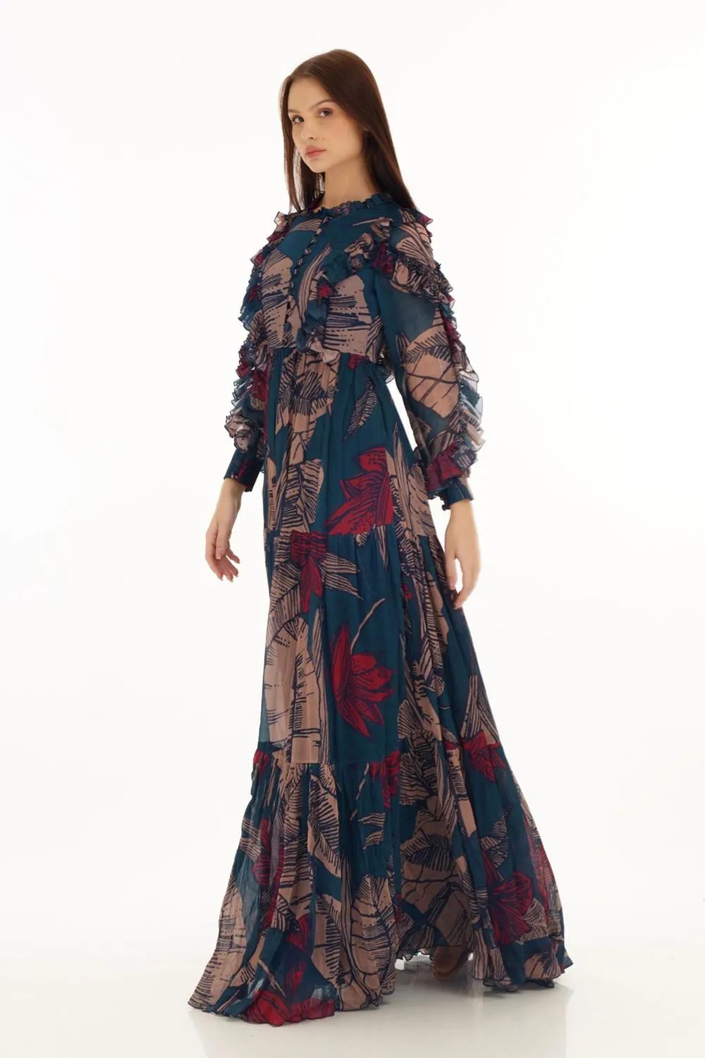 Blue, Orange & Red Floral Frill Long Dress