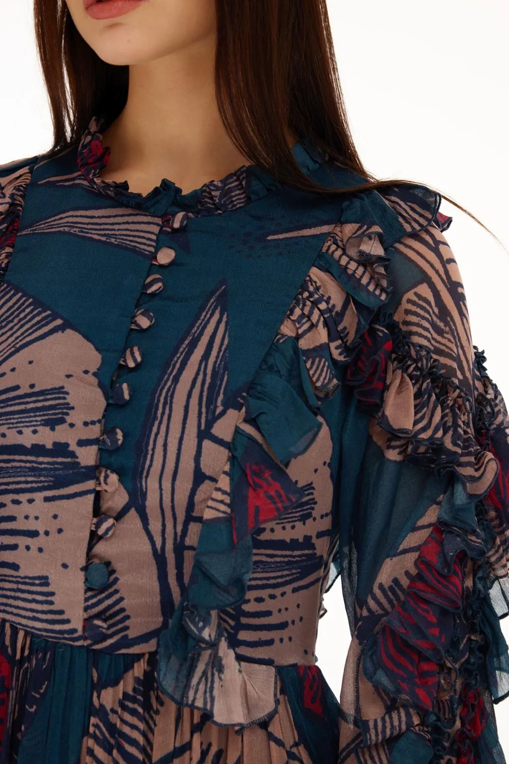 Blue, Orange & Red Floral Frill Long Dress
