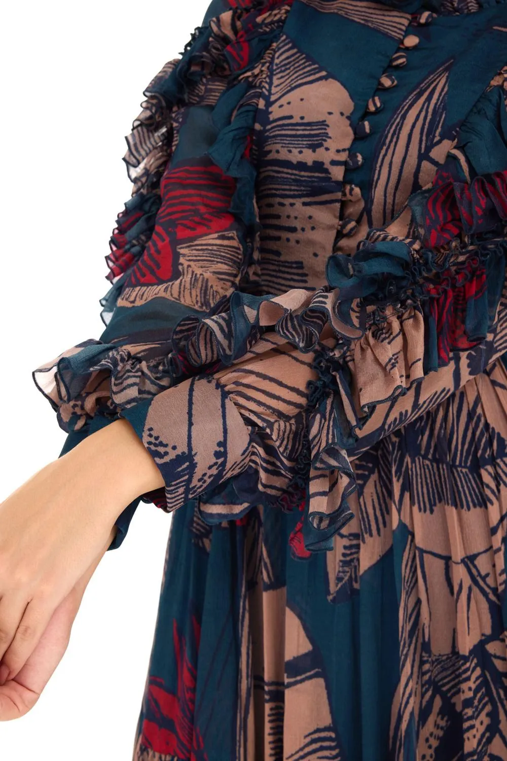 Blue, Orange & Red Floral Frill Long Dress
