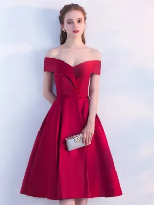 Burgundy Sashes Off-the-Shoulder Knee-Length Homecoming Dress