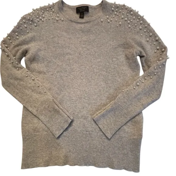 CASHMERE Charter Club cashmere crew neck sweater grey pearl accents Medium