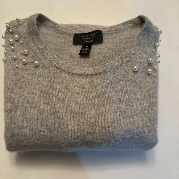 CASHMERE Charter Club cashmere crew neck sweater grey pearl accents Medium