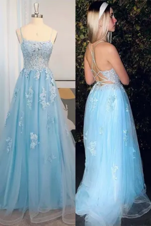Cheap Lace Long Light Blue Prom Dresses A Line Open Back