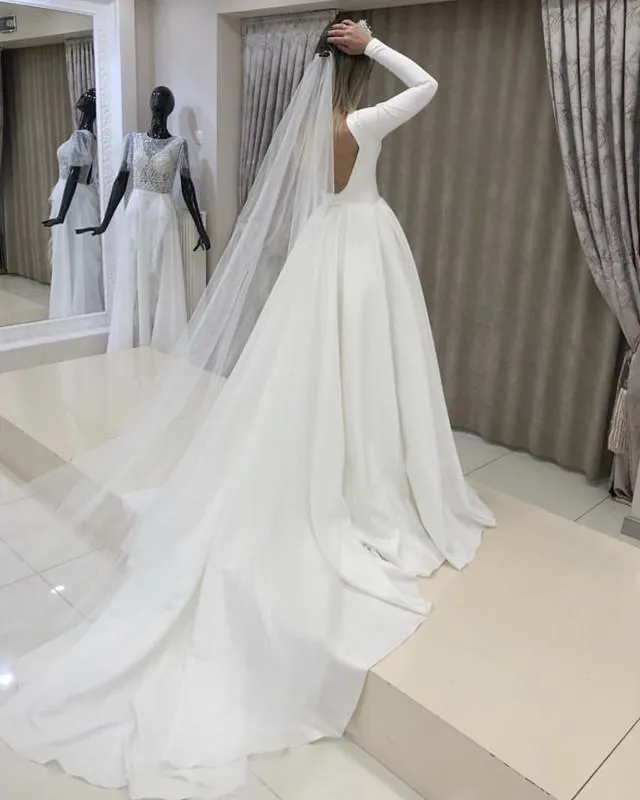 Clean Simple Satin Bridal Dresses Long Sleeves