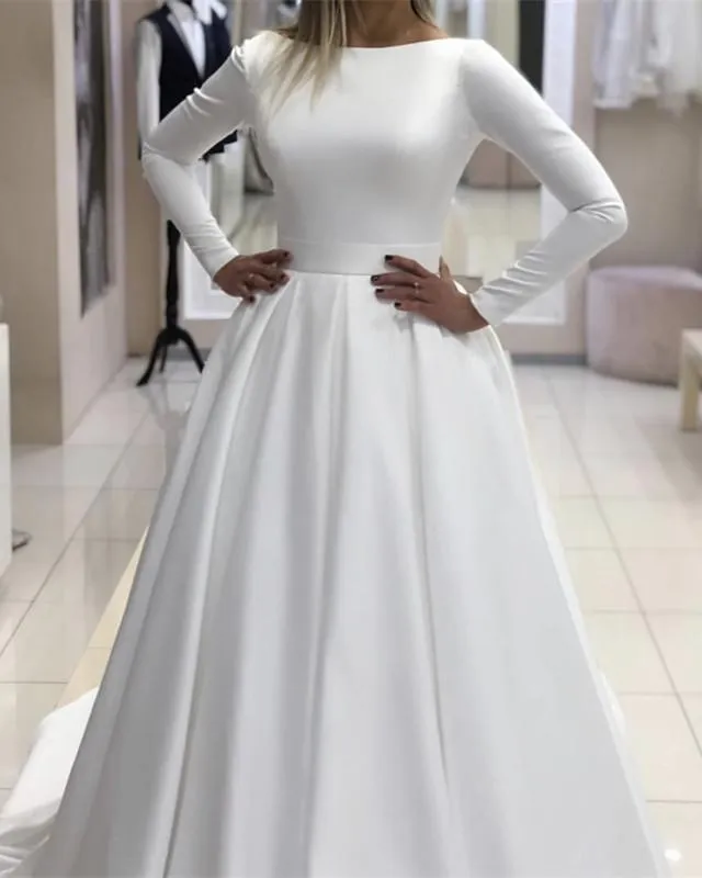 Clean Simple Satin Bridal Dresses Long Sleeves