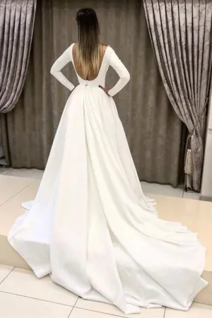 Clean Simple Satin Bridal Dresses Long Sleeves