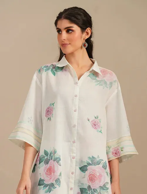 Cool White Sugar Swizzle Handwoven Chanderi Silk Kurta With Floral Cotton Pants