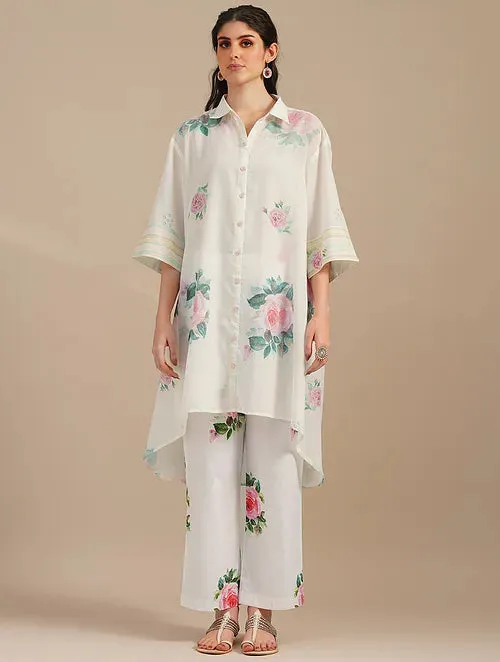 Cool White Sugar Swizzle Handwoven Chanderi Silk Kurta With Floral Cotton Pants
