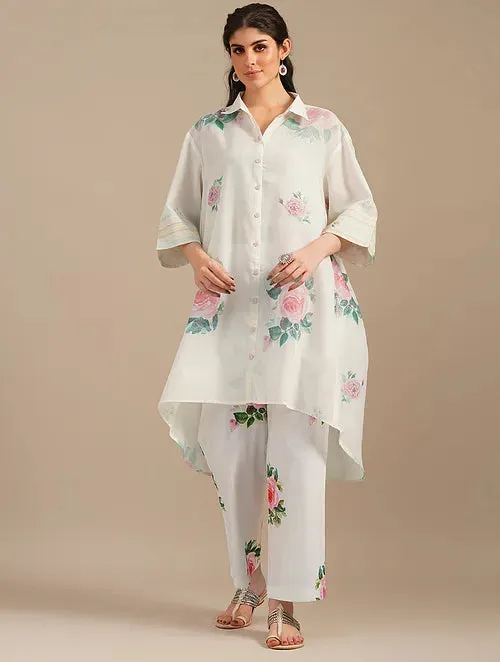 Cool White Sugar Swizzle Handwoven Chanderi Silk Kurta With Floral Cotton Pants
