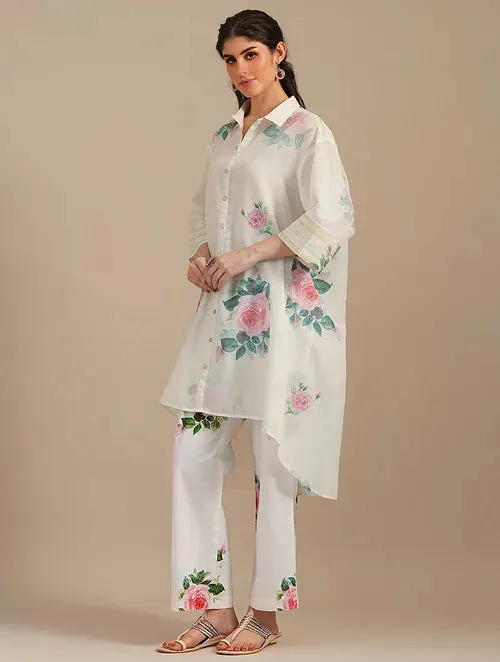 Cool White Sugar Swizzle Handwoven Chanderi Silk Kurta With Floral Cotton Pants