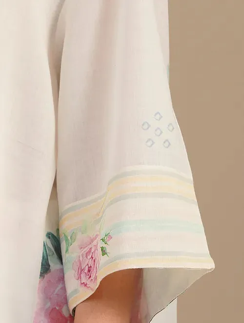 Cool White Sugar Swizzle Handwoven Chanderi Silk Kurta With Floral Cotton Pants