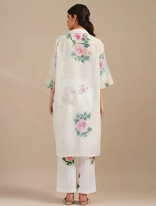 Cool White Sugar Swizzle Handwoven Chanderi Silk Kurta With Floral Cotton Pants