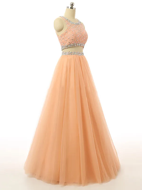 Coral Two Piece Scoop Prom Dress