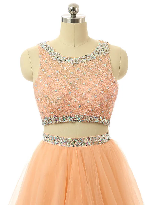 Coral Two Piece Scoop Prom Dress