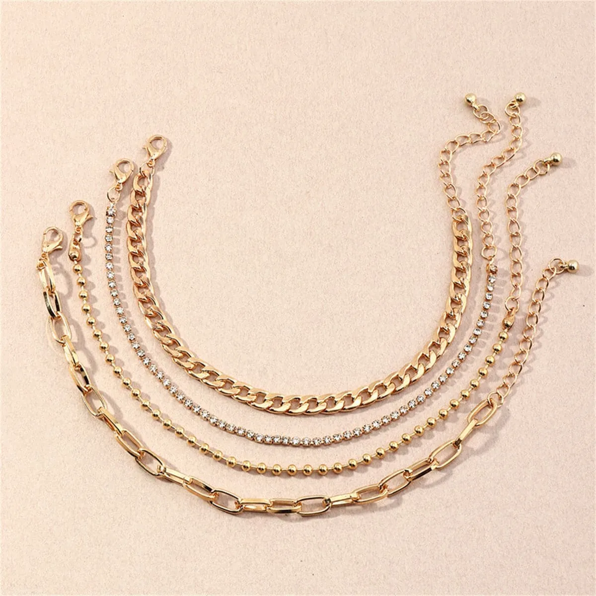 Cubic Zirconia & 18K Gold-Plated Figaro Bead Anklet Set