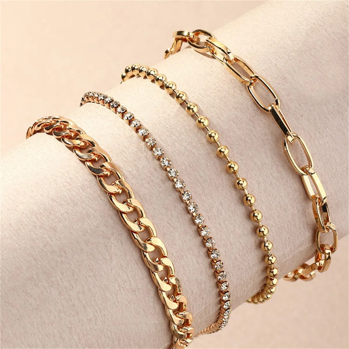 Cubic Zirconia & 18K Gold-Plated Figaro Bead Anklet Set