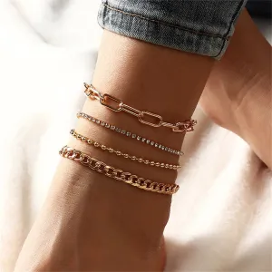 Cubic Zirconia & 18K Gold-Plated Figaro Bead Anklet Set