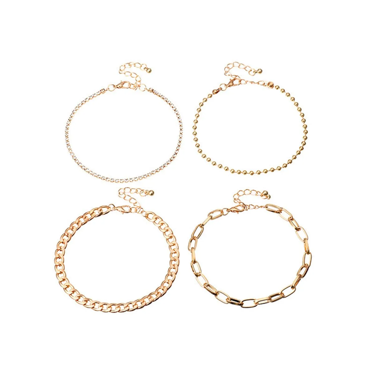 Cubic Zirconia & 18K Gold-Plated Figaro Bead Anklet Set
