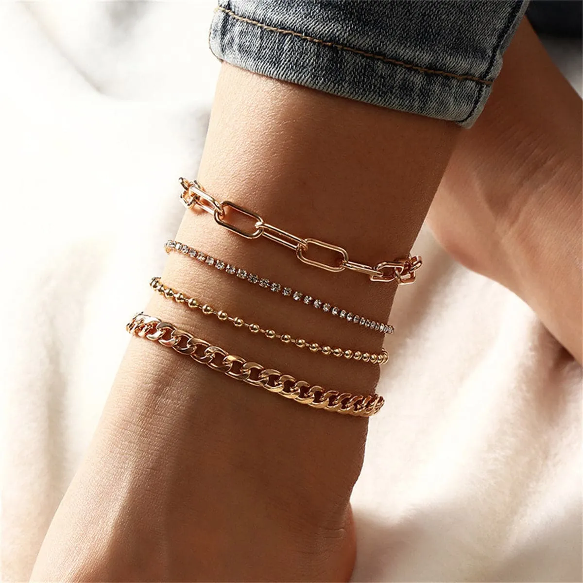 Cubic Zirconia & 18K Gold-Plated Figaro Bead Anklet Set