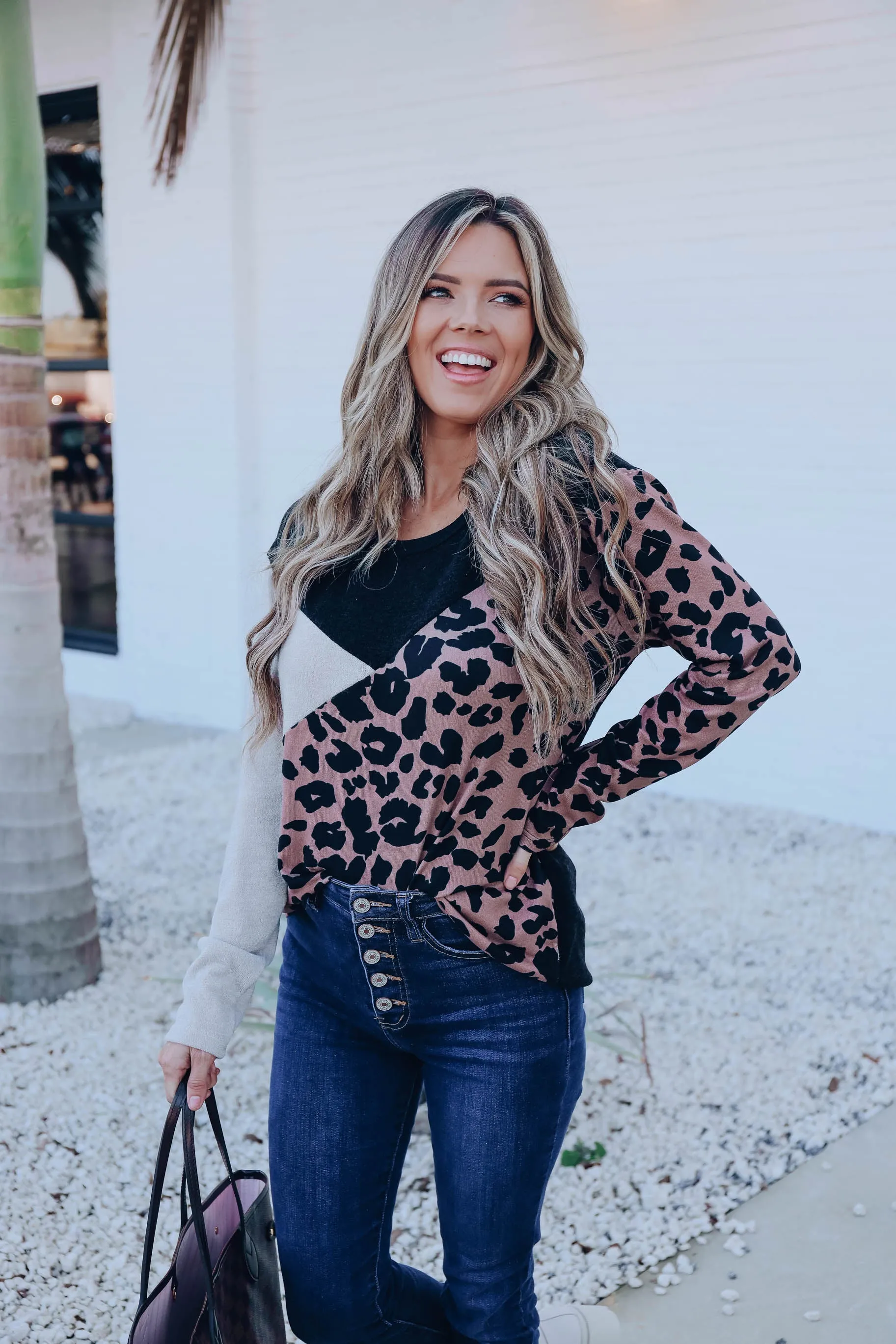 Ember Color Block Leopard Top - Black