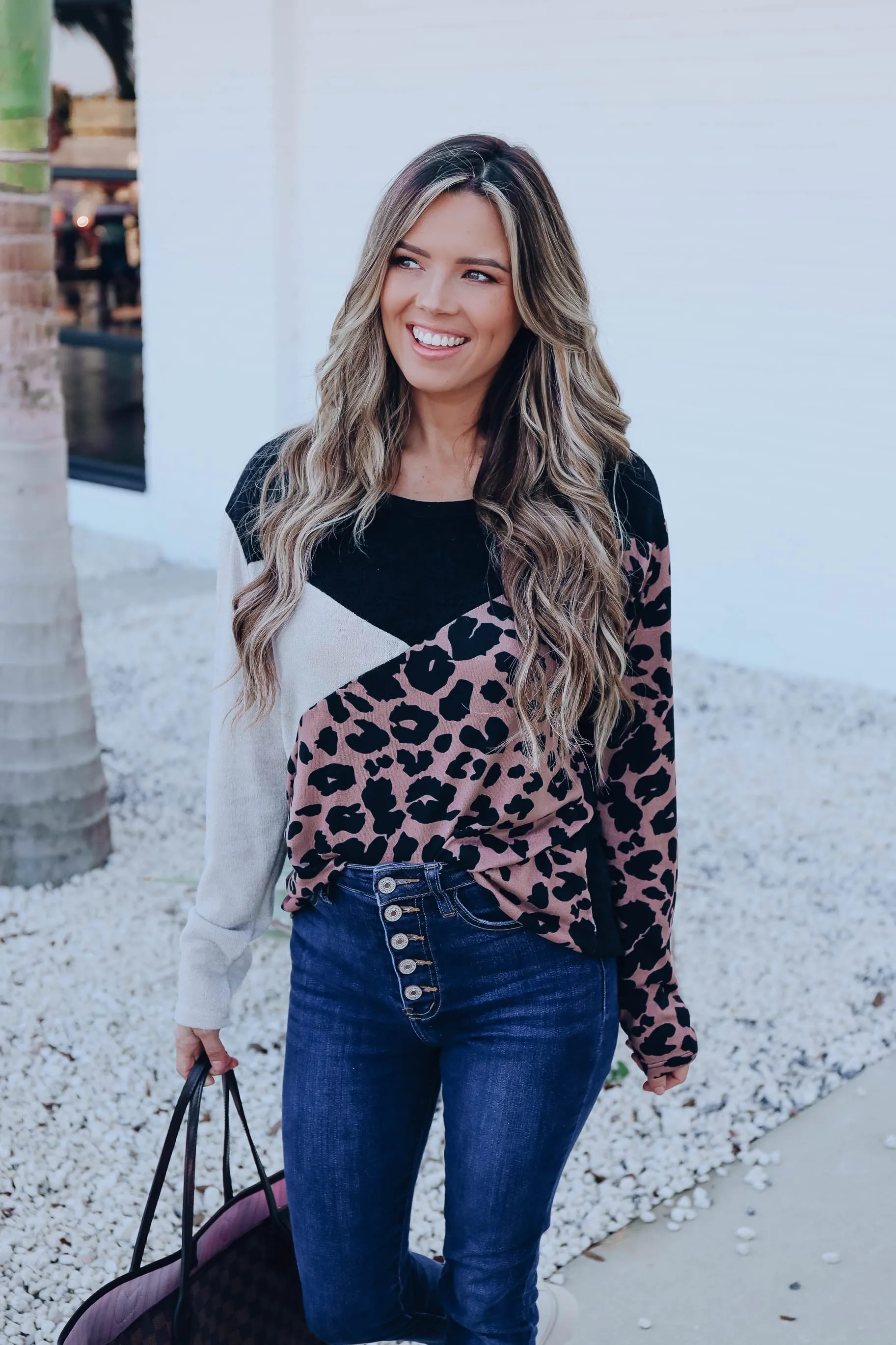 Ember Color Block Leopard Top - Black
