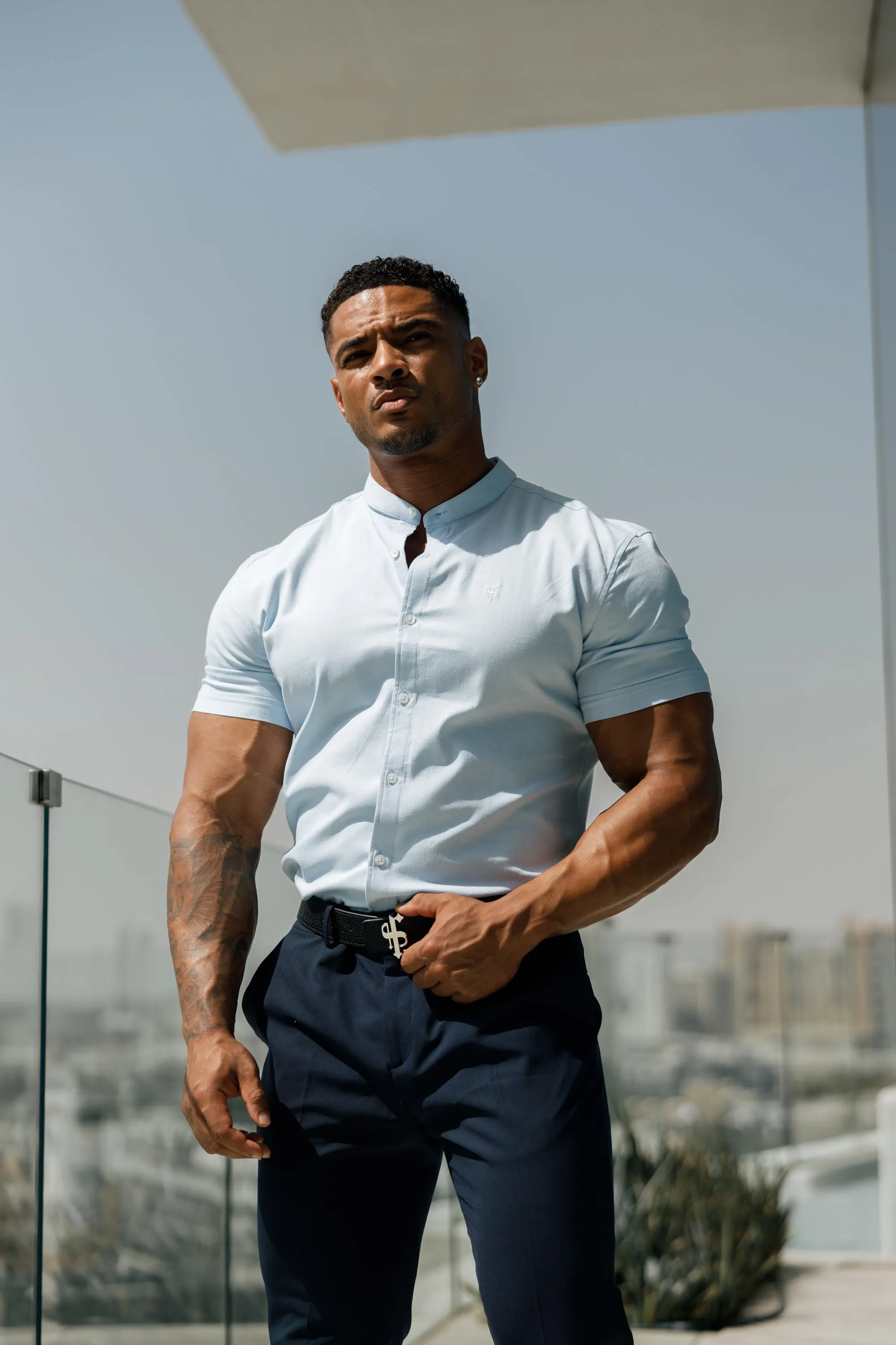 Father Sons Super Slim Stretch Classic Oxford Light Blue Short Sleeve with Grandad Collar - FS937