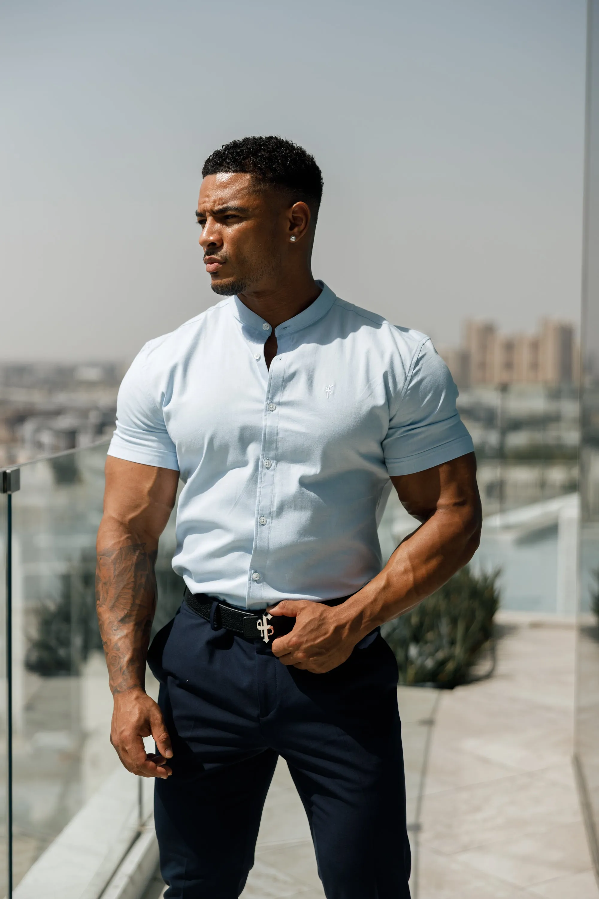 Father Sons Super Slim Stretch Classic Oxford Light Blue Short Sleeve with Grandad Collar - FS937