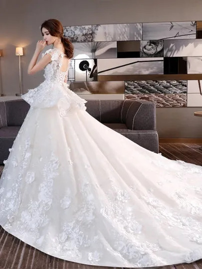 Flowers Lace-Up Chapel Train Wedding Dress