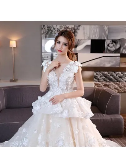Flowers Lace-Up Chapel Train Wedding Dress