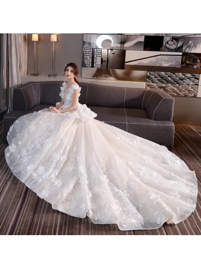 Flowers Lace-Up Chapel Train Wedding Dress
