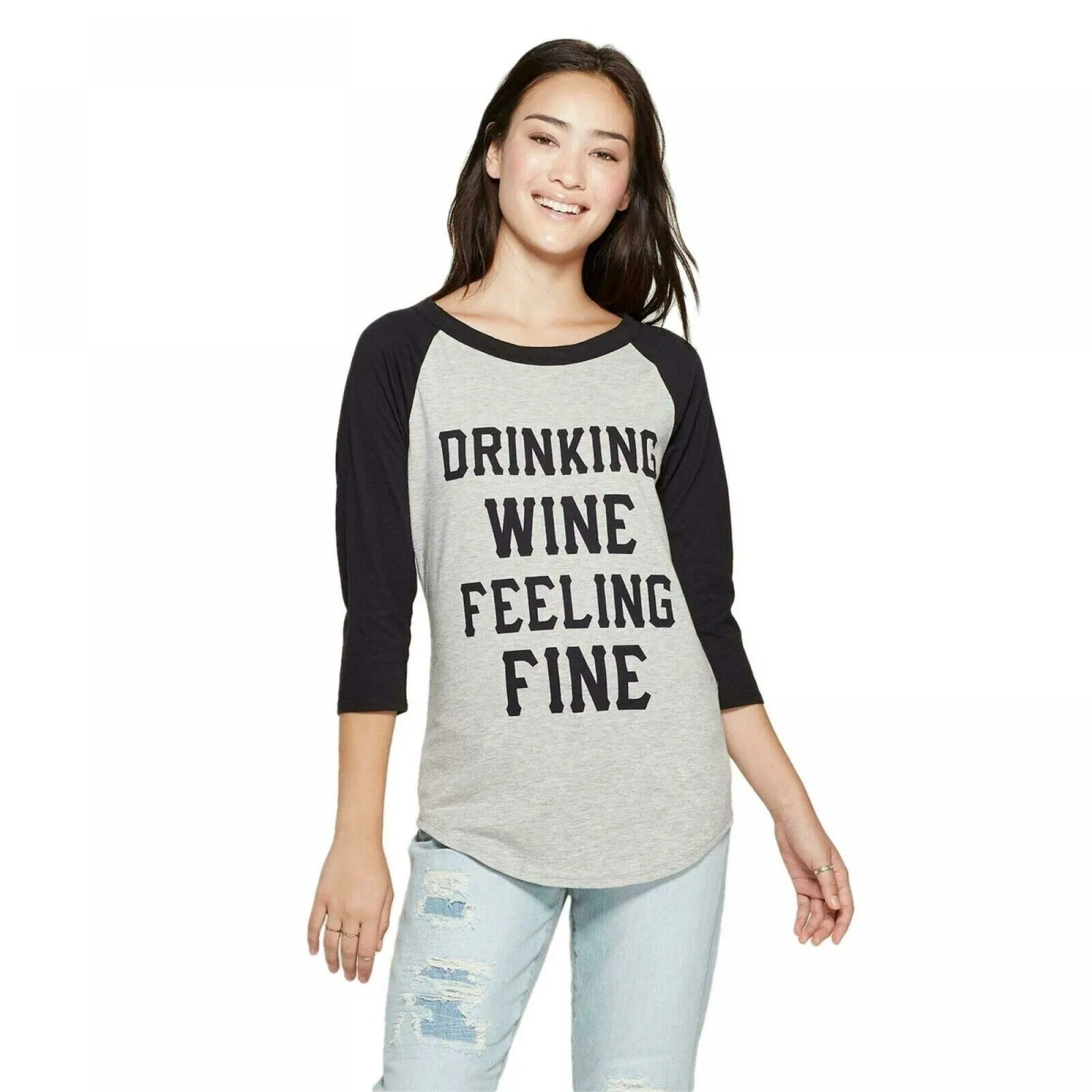 FREEZE Women's 3/4 Sleeve DRINKING WINE FEELING FINE Raglan Graphic T-Shirt